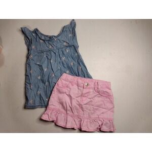 Carters Toddler Girls 3T Unicorn Chambray Top and Pink Ruffle Skirt Outfit Set